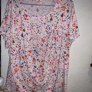 Style & Co. White Multicolor Speckled Short Sleeve Knot Front Top